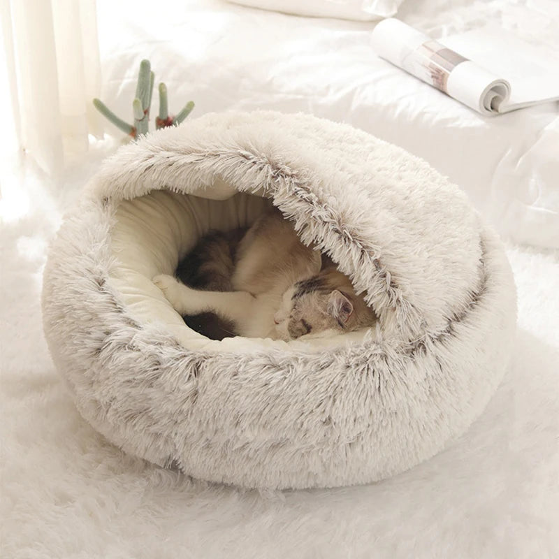 Plush Covered Round Cat Bed
