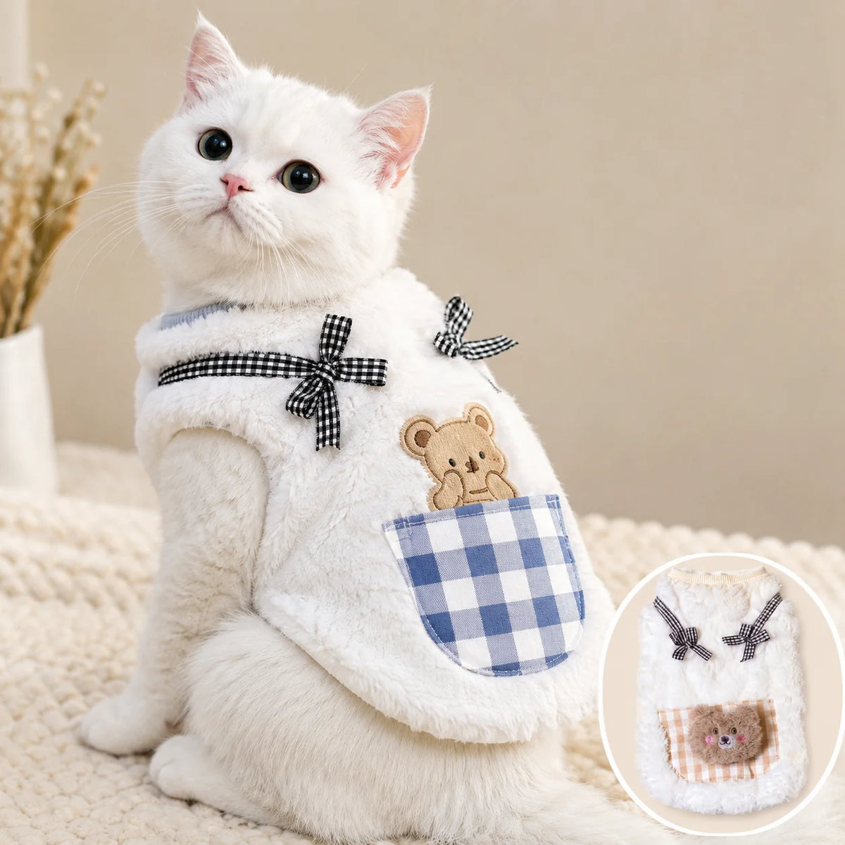 Plaid Pocket Plush Cat Vest
