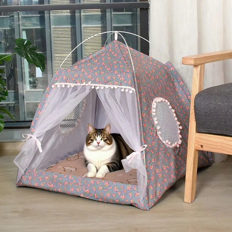 Floral Semi-Enclosed Cat Tent Bed